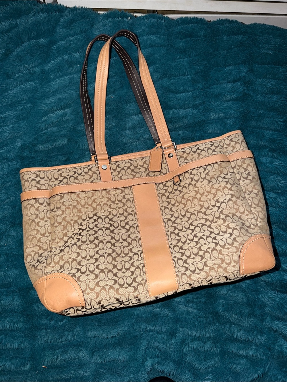Coach Beige Signature Canvas Tote / Diaper Bag with Tan Leather Trim